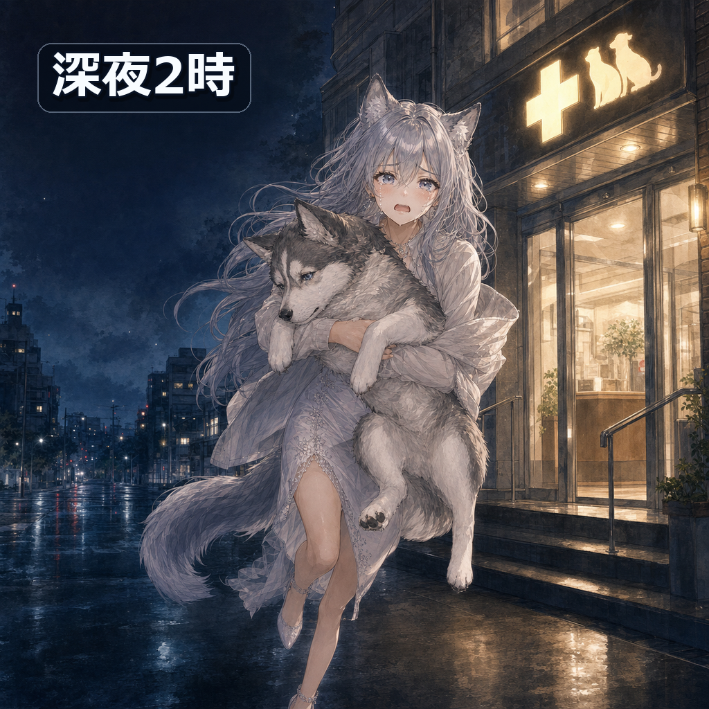 深夜2時、アメノ(ハスキー犬)を抱えて動物病院へ走るevahas
