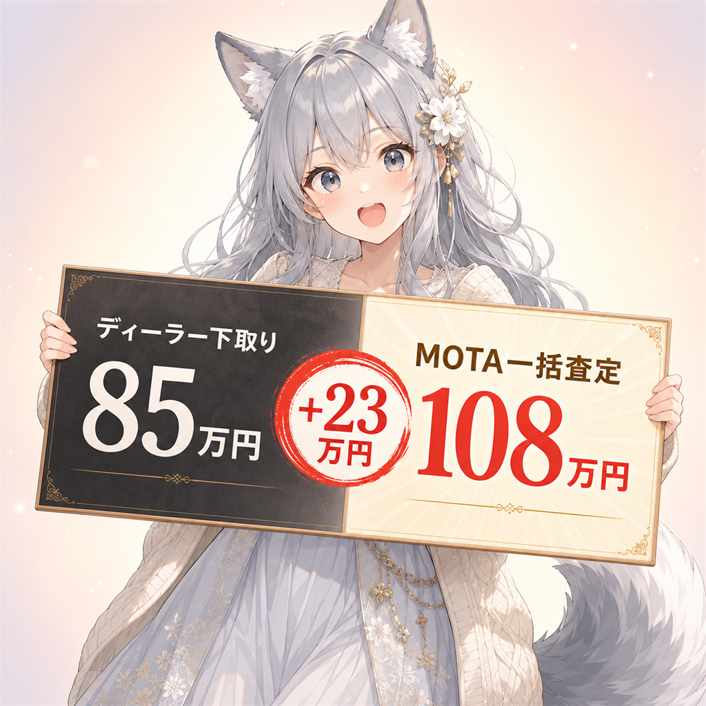 両手で比較ボードを掲げるevahas（ディーラー下取り85万 vs MOTA一括査定108万、差額＋23万円）