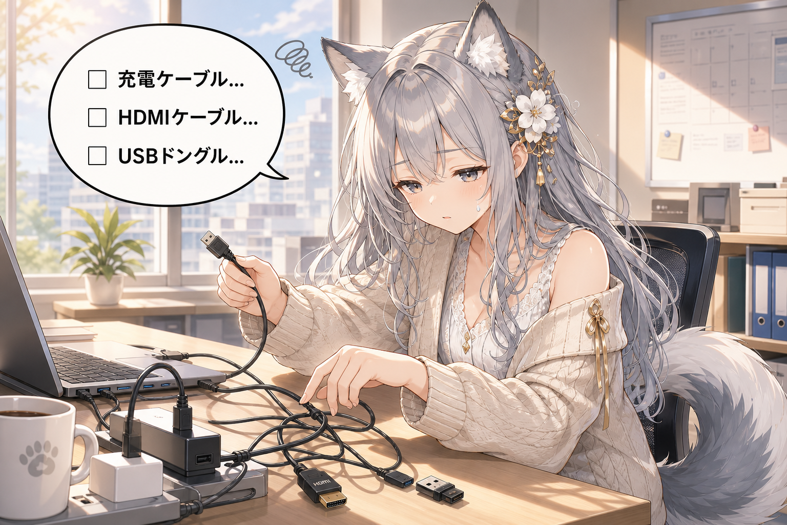 毎朝のケーブル抜き差しに悩まされる会社員のイラスト
