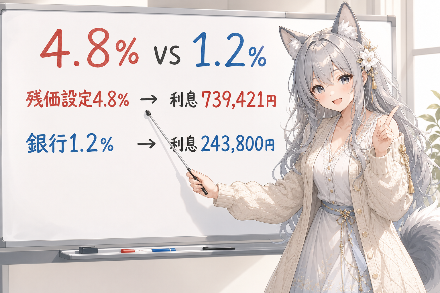 ホワイトボードで残価設定4.8% vs 銀行マイカーローン1.2%の金利差を解説するevahas