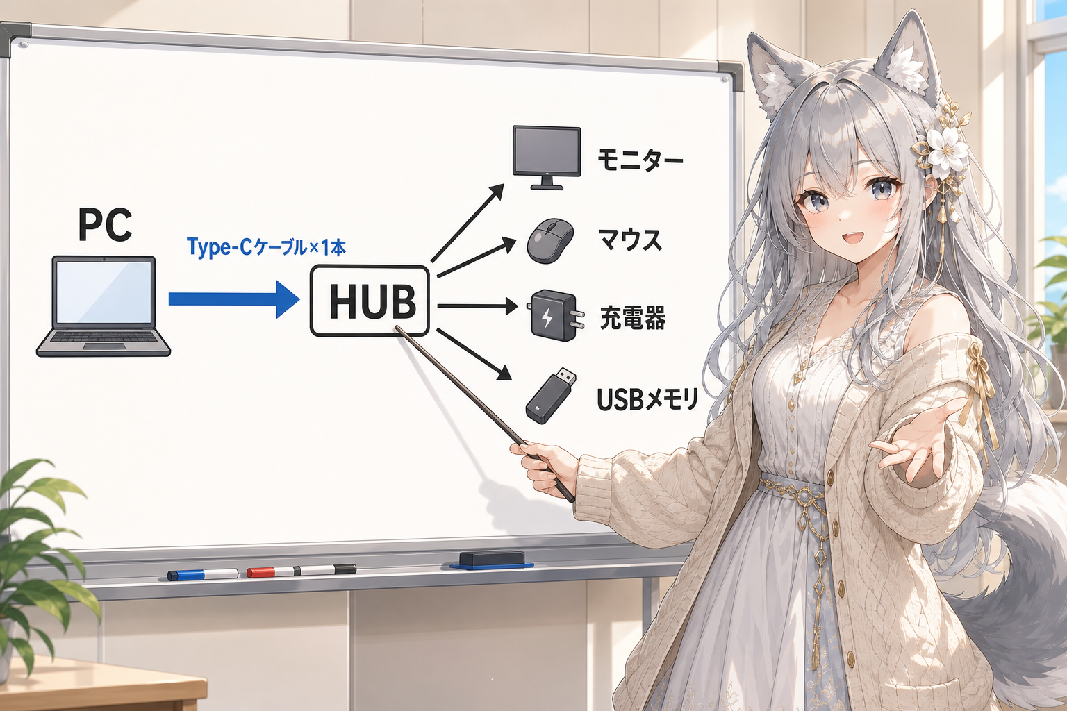 Type-CハブとPCの接続構造を示した図解イラスト
