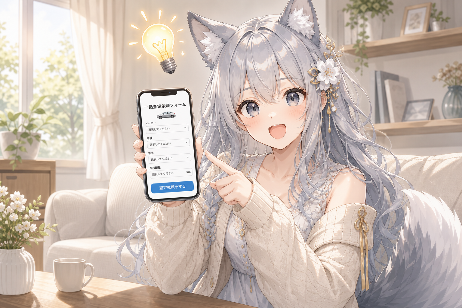 スマホでMOTA一括査定を発見して目を輝かせるevahas（ひらめきシーン）