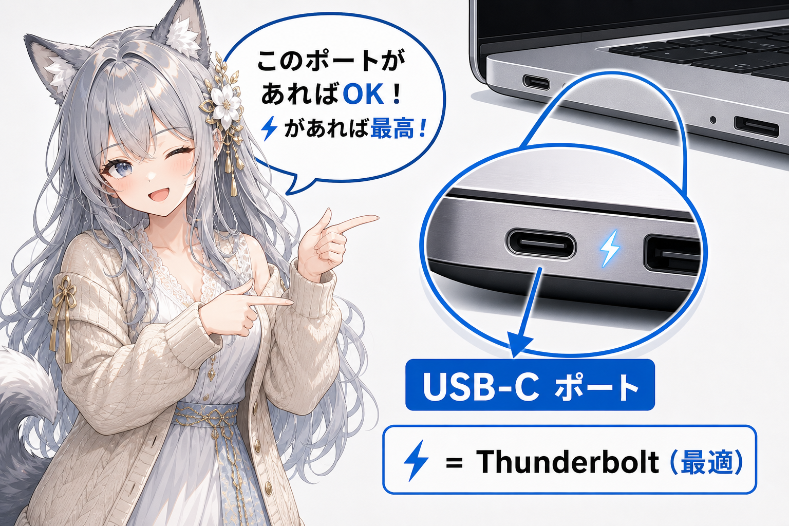 ノートPCのUSB-Cポートの確認方法を示したイラスト