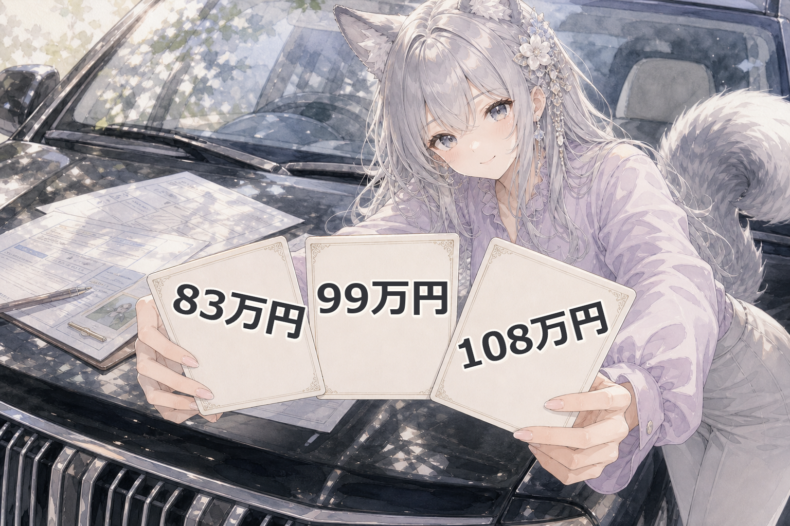駐車場で名刺じゃんけんを司会するevahas（業者3社が名刺裏に83万・99万・108万と記入している場面）