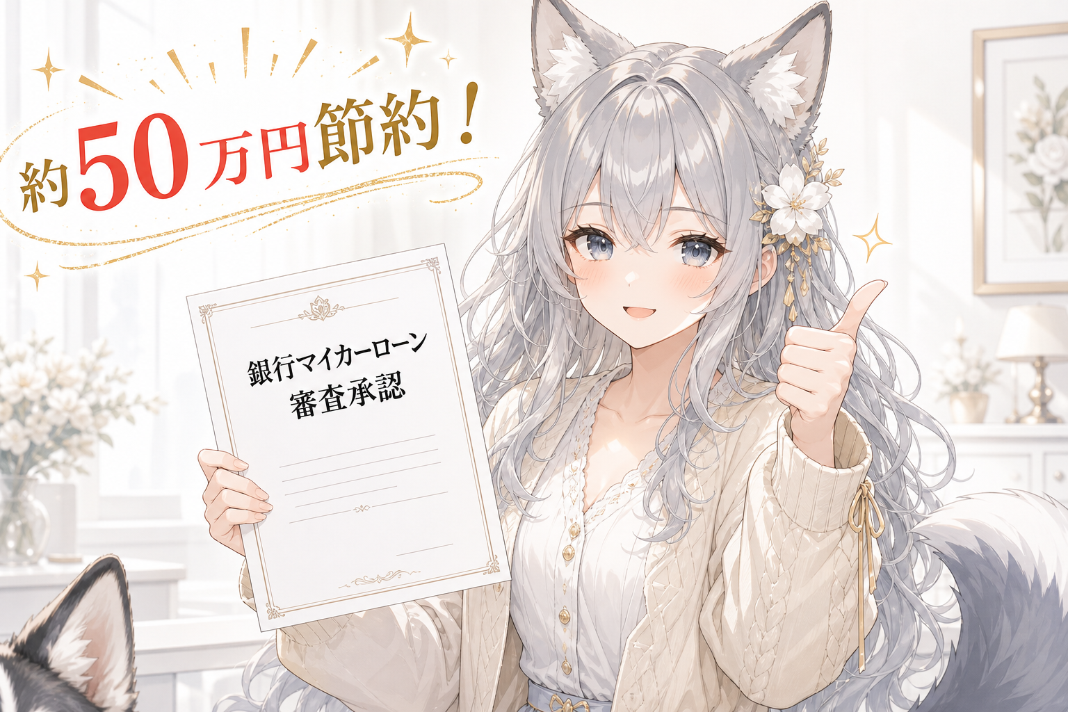銀行マイカーローン審査承認書を手にサムズアップするevahas