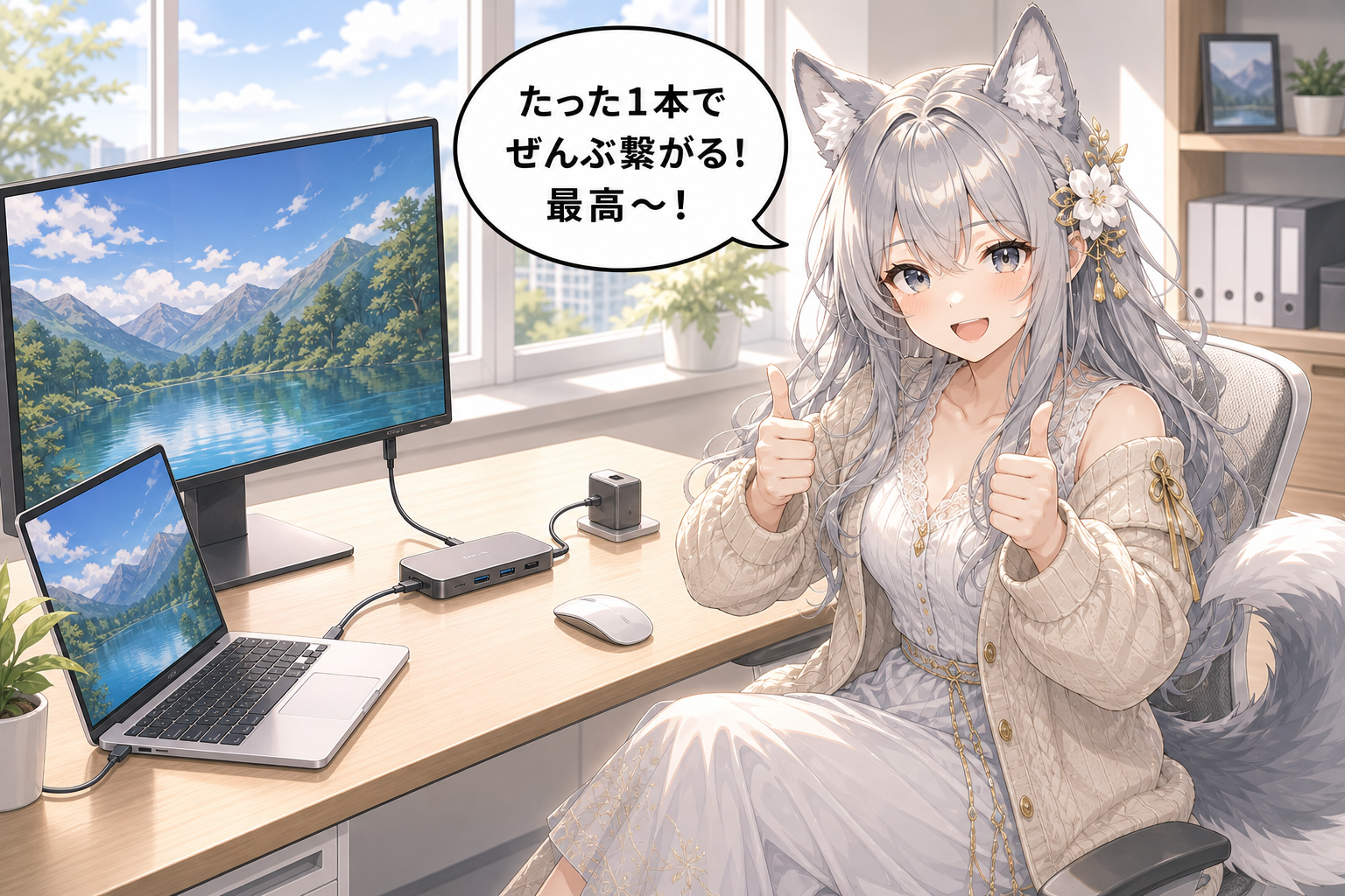 ケーブル1本でスッキリした理想のデスク環境イラスト