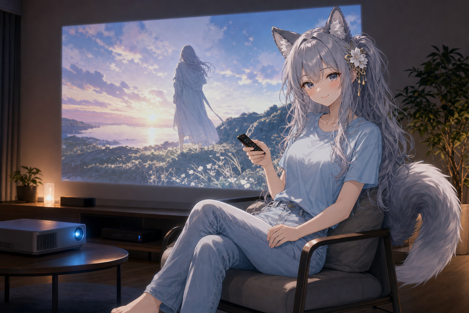 大画面プロジェクターの前で満足げに笑うevahas