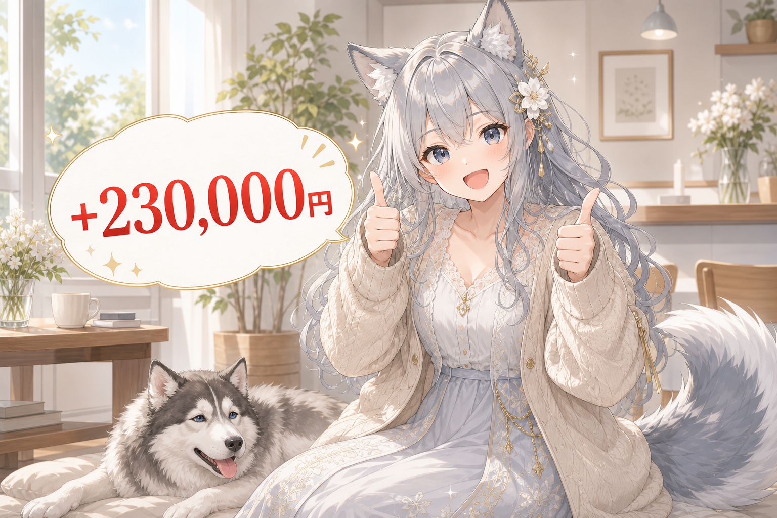 ＋23万円達成でサムズアップするevahas（足元にアメノ（ハスキー犬）、満面の笑み）