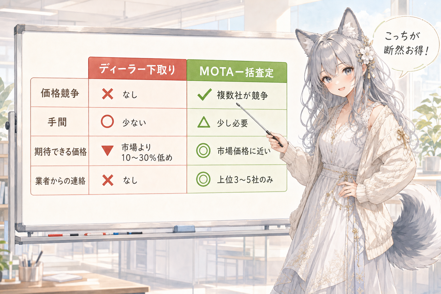 ディーラー下取り vs MOTA一括査定の比較表をホワイトボードで解説するevahas（価格競争・手間・期待価格・連絡数の4項目比較）