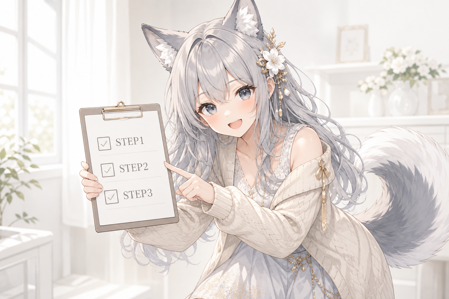 3ステップのクリップボードを持ち読者に説明するevahas（銀行マイカーローン切り替え手順）