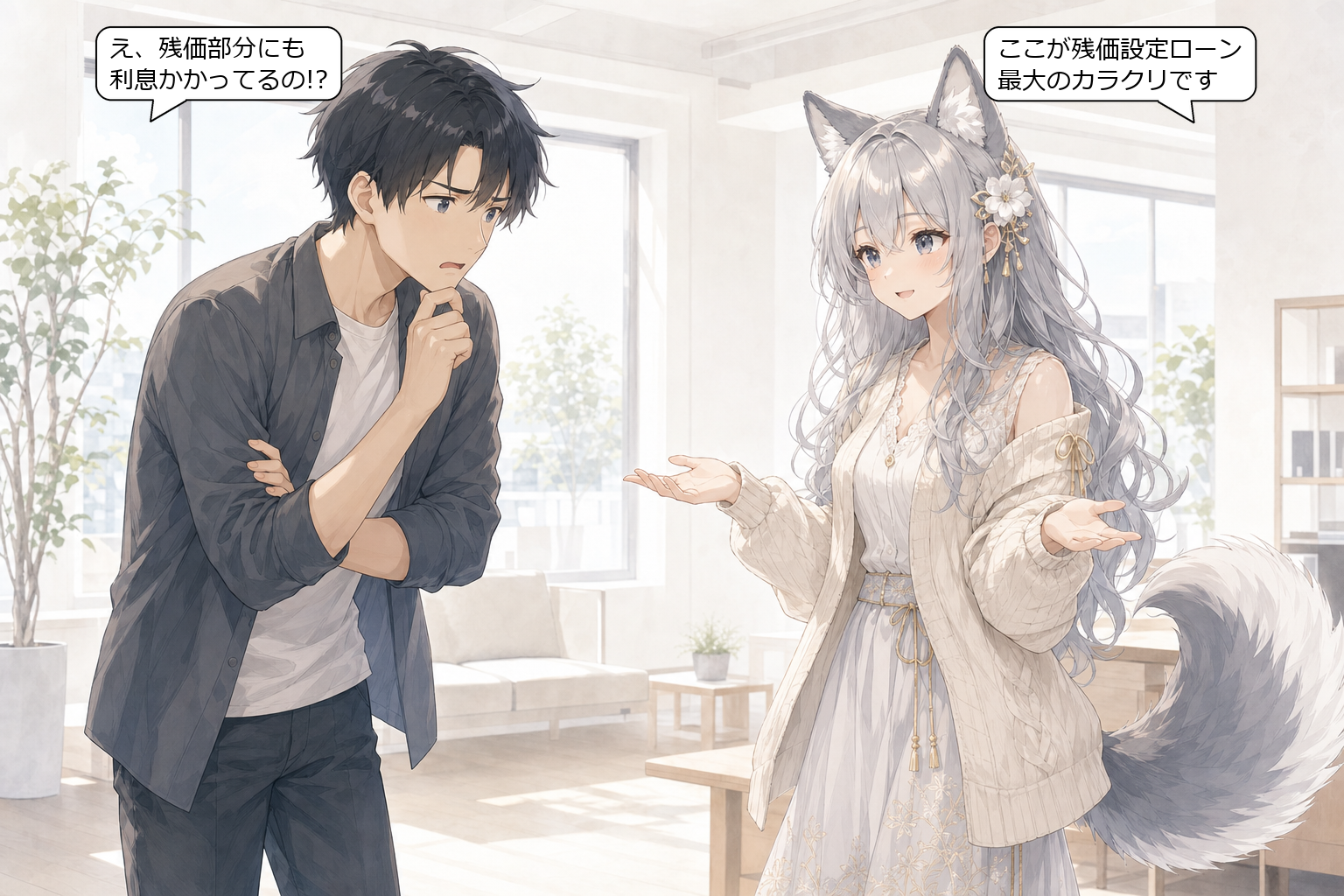 残価設定ローンの利息カラクリについてevahasと読者が対話するシーン（吹き出し付き）