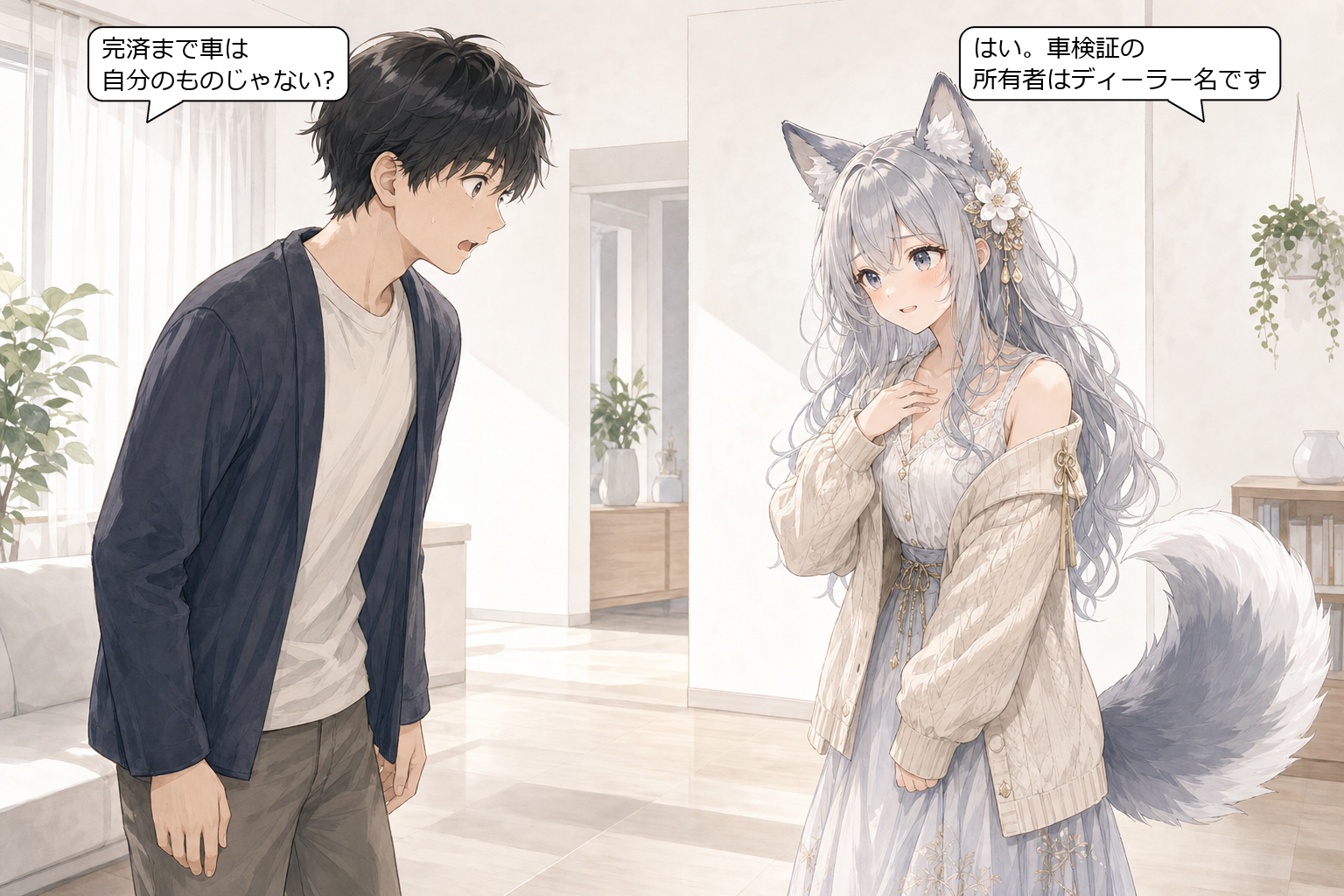 所有権留保について完済まで車は自分のものじゃないとevahasと読者が対話するシーン（吹き出し付き）