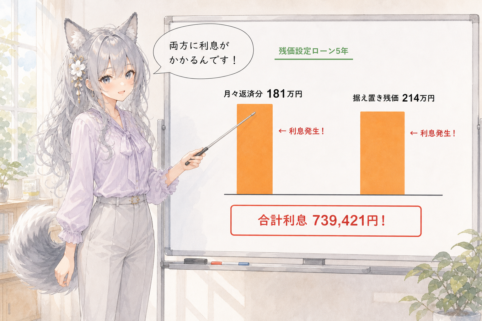 残価設定ローン5年の利息構造を図解するevahas（月々返済分181万円と据え置き残価214万円の両方に利息が発生するホワイトボード解説）