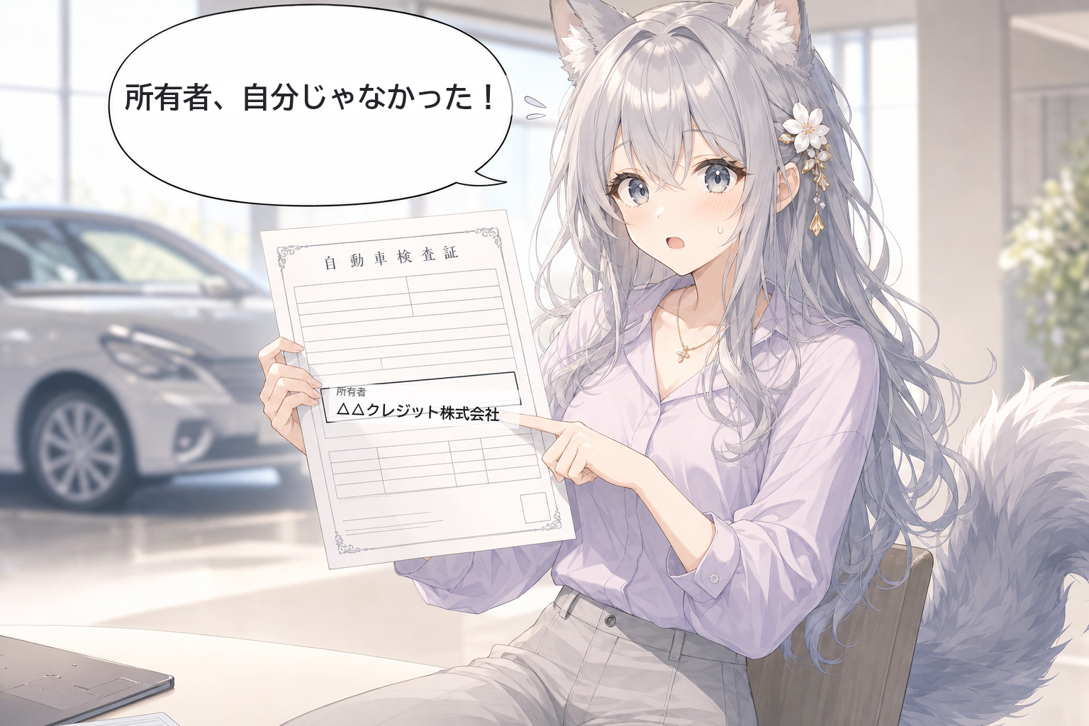 車検証の所有者欄に△△クレジット株式会社と書かれているのを見て驚くevahas（所有権留保の仕組みを解説するシーン）