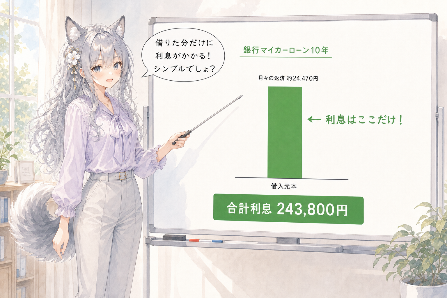 銀行マイカーローン10年の利息構造を図解するevahas（借入元本のみに利息が発生するホワイトボード解説）