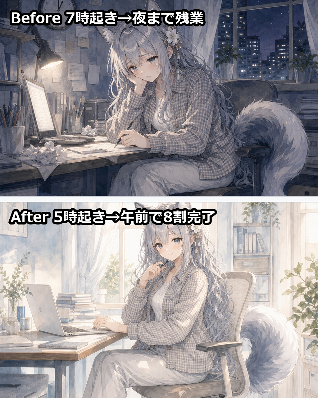朝5時起きビフォーアフター比較。7時起きで夜まで残業する一日と、5時起きで午前中に8割終わる一日の対比